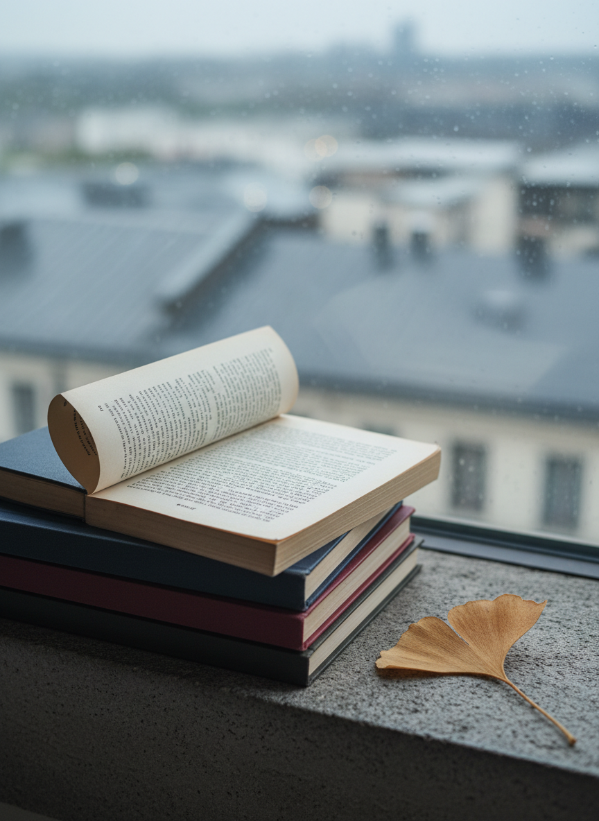 A stack of well-worn literary journals, each with muted, textured covers in deep indigo, oxblood, and charcoal gray, sits on a stone windowsill. The top journal is slightly askew, its corner lifting to reveal a glimpse of tightly spaced narrative prose. Beside the stack, a single dried ginkgo leaf rests like a quiet bookmark. Cool overcast daylight filters through the glass, diffused and soft, illuminating subtle paper fibers and fine creases along the spines. The scene is captured from a slightly elevated angle, with the journals framed on the lower third of the image and the blurred cityscape beyond the window providing gentle bokeh. The photographic style is clean and modern, evoking an atmosphere of sophisticated introspection and enduring voices.