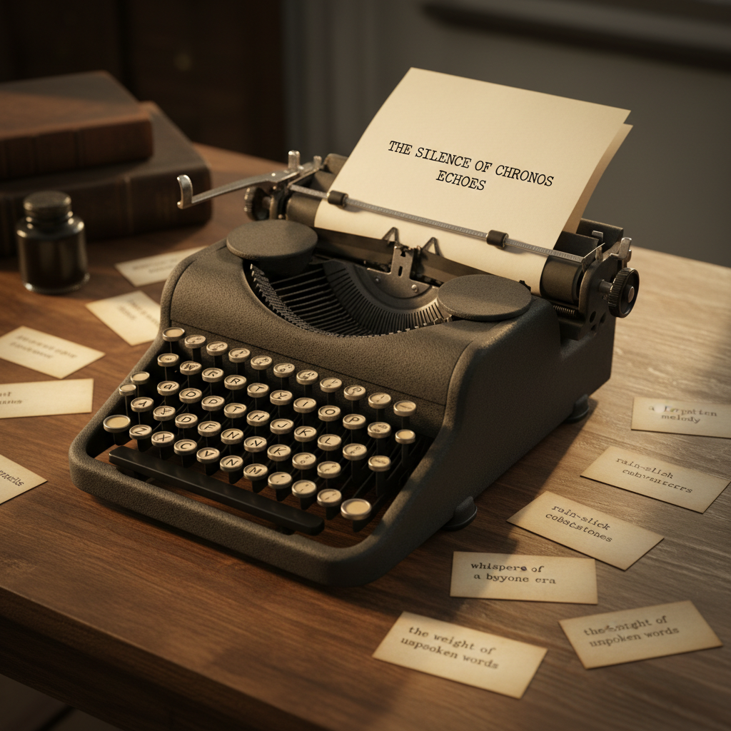 An antique mechanical typewriter in matte black metal sits at the center of a broad oak desk, its round glass-topped keys forming a precise grid. A fresh sheet of heavy ivory paper is threaded perfectly, showing the first crisp line of a poem: an evocative title followed by a single vivid word. Around the typewriter, neatly arranged index cards with typed phrases and short narrative fragments create a quiet constellation of ideas. Warm golden-hour light enters from the right, grazing the keys and casting long, precise shadows. Shot in three-quarter profile with a medium depth of field, the typewriter is in sharp focus while the far edge of the desk softens. The photographic realism and restrained color palette create a sophisticated, almost reverent mood toward the craft of language.